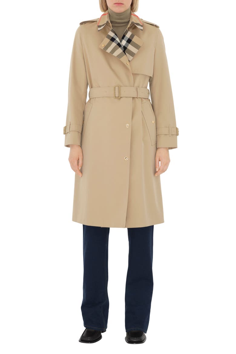 Sandridge Check Collar Cotton Gabardine Trench Coat, Main, color, HONEY
