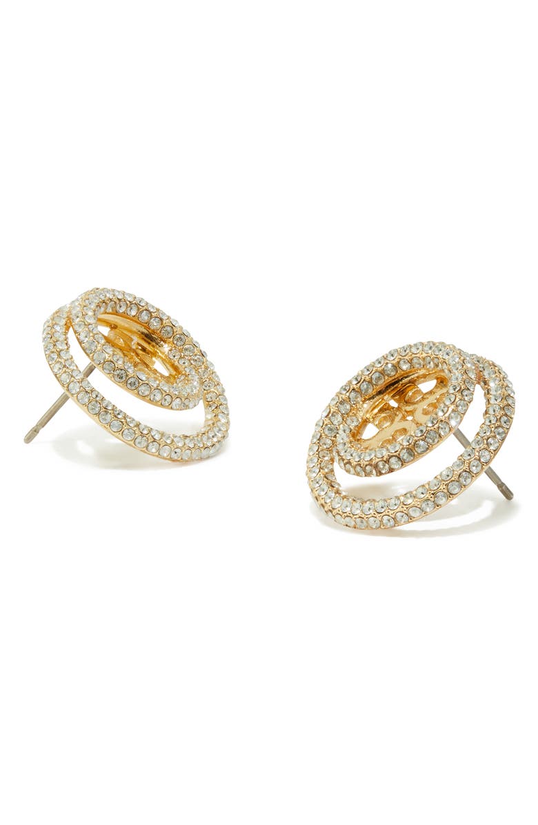Tory Burch Miller Pavé Crystal Circle Logo Stud Earrings, Alternate, color, Tory Gold / Crystal