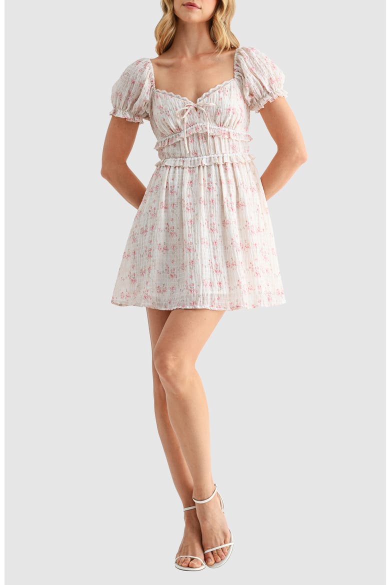 Floral Print Puff Sleeve Smocked Minidress, Main, color, CREAM PINK