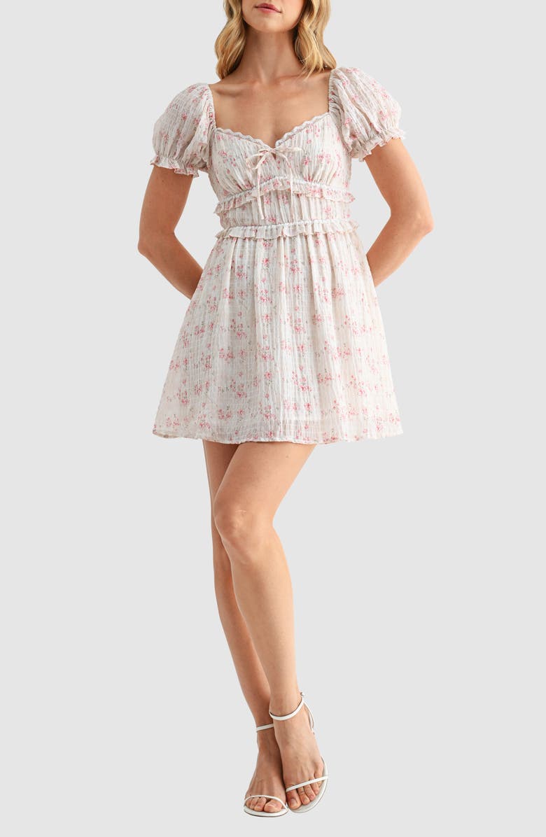 All in Favor Floral Print Puff Sleeve Smocked Minidress, Main, color, Cream Pink