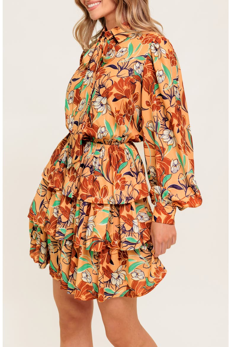 Floral Long Sleeve Minidress, Alternate, color, TAUPE BROWN