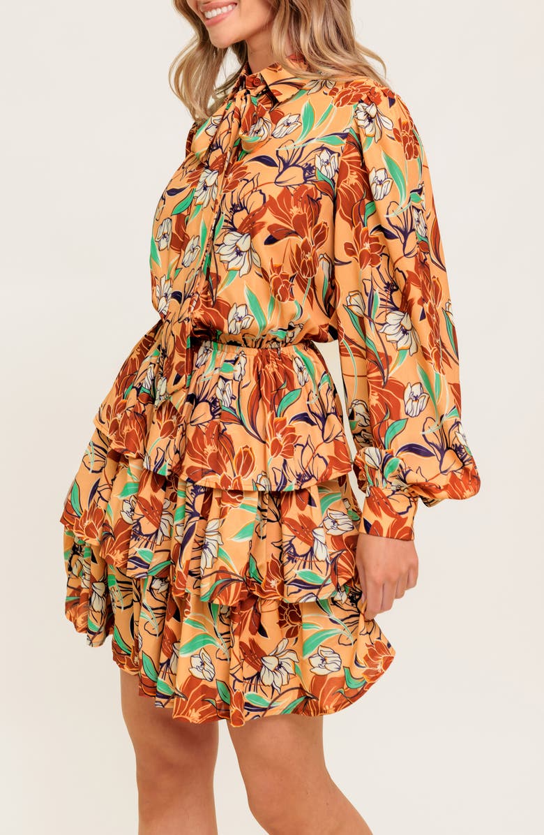 FLYING TOMATO Floral Long Sleeve Minidress, Alternate, color, Taupe Brown