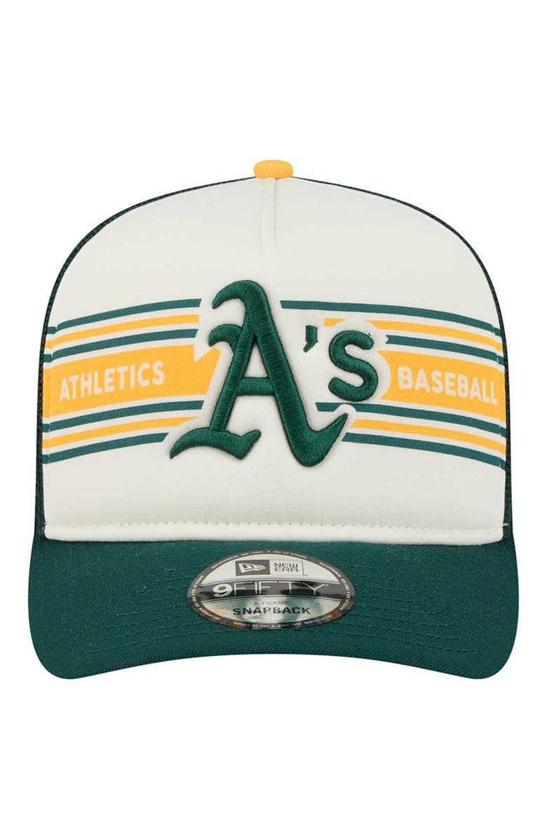 New Era Men's New Era Cream/Green Athletics Banner A-Frame 9FIFTY Trucker Snapback Hat, Alternate, color, Cream