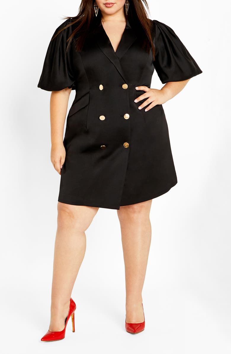 City Chic Julissa Short Sleeve Satin Blazer Dress, Main, color, Black