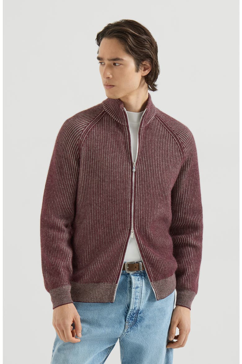 Cashmere vanisé English rib high-neck cardigan with zipper, Main, color, Burgundy