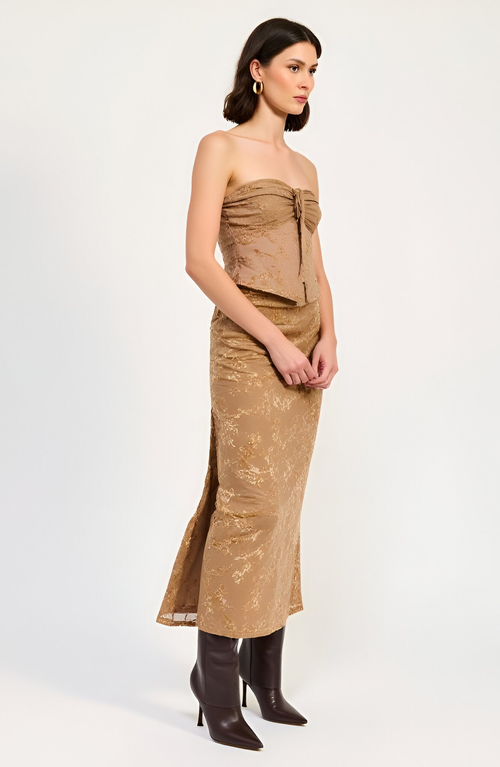 Modenaire Floral Velvet Ruched Waist Side Slit Midi Skirt In Gold