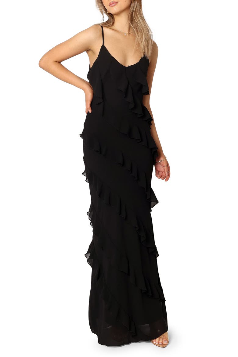 Ciao Ruffle Chiffon Gown, Main, color, BLACK