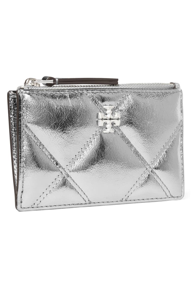 Kira Metallic Diamond Quilted Leather Zip Card Case, Alternate, color, SILVER