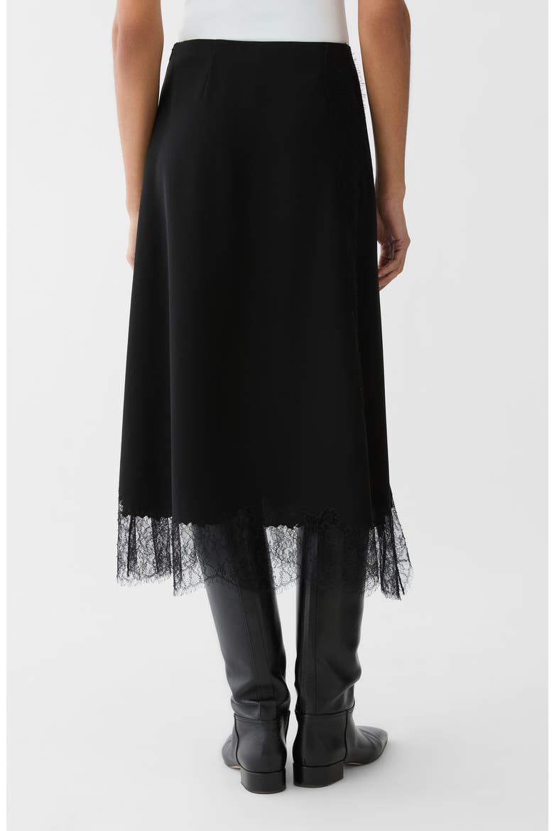 Asymmetric Lace Trim Crepe Skirt, Alternate, color, BLACK