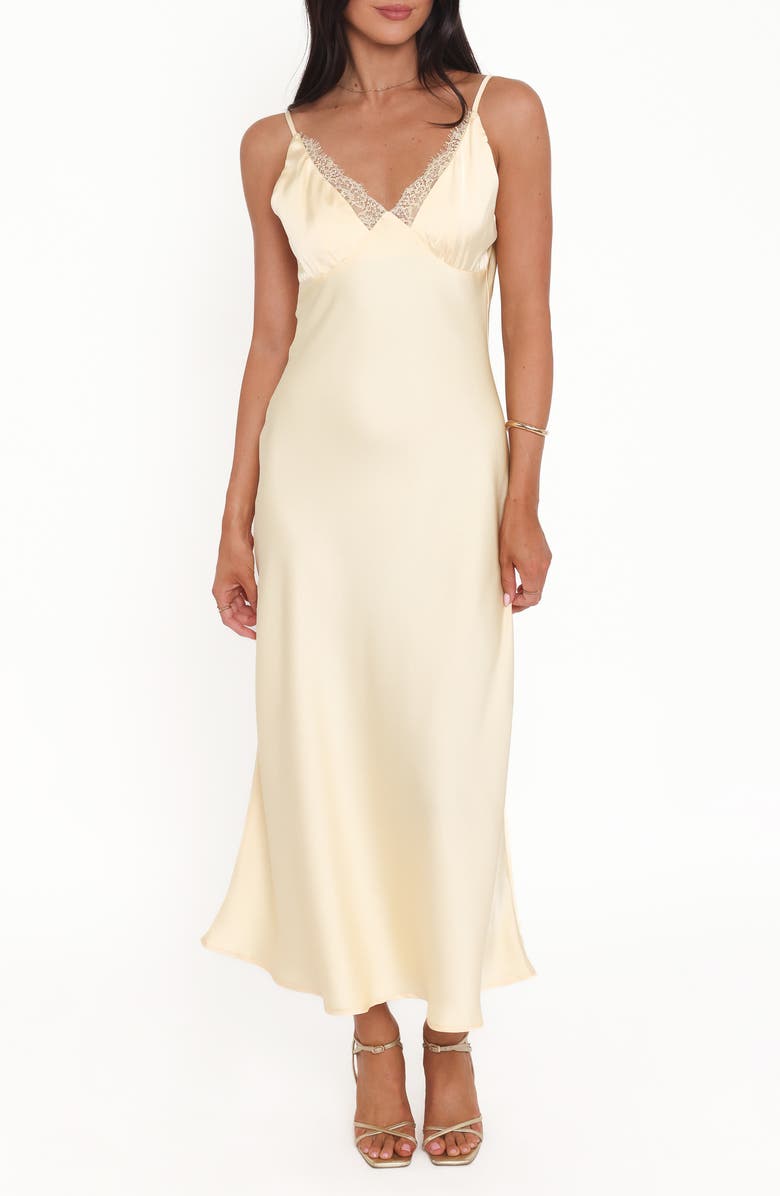 Petal & Pup Hobi Lace Satin Maxi Slipdress, Main, color, Butter Yellow