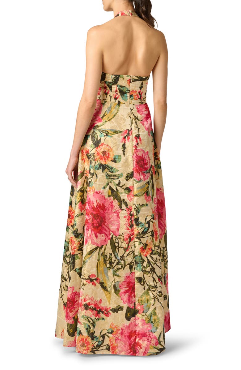 Aidan Mattox Metallic Floral Jacquard Halter Neck Gown, Alternate, color, Pink Multi