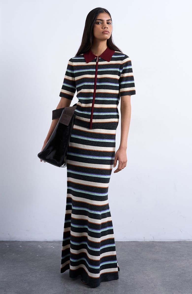 Topshop Stripe Zip Rib Polo, Alternate, color, Burgundy