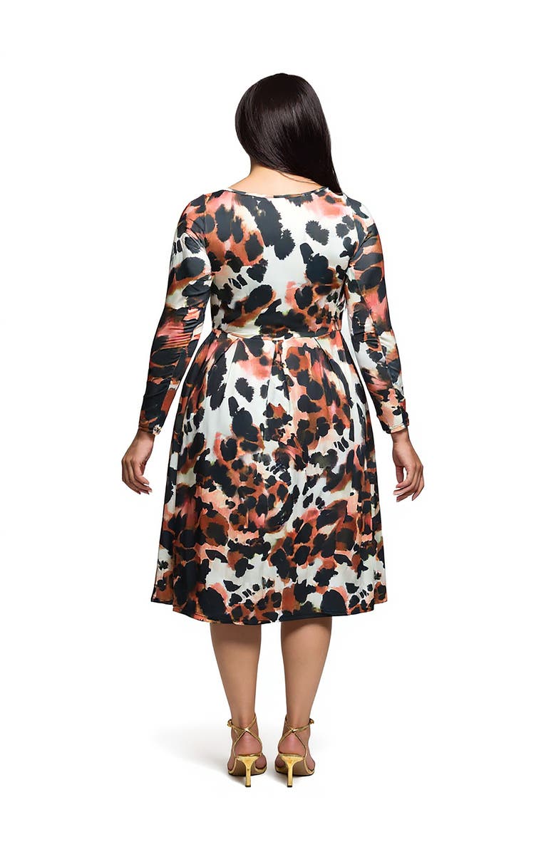 24seven Comfort Apparel Long Sleeve Midi Dress in Animal Print, Alternate, color, Brown Multi
