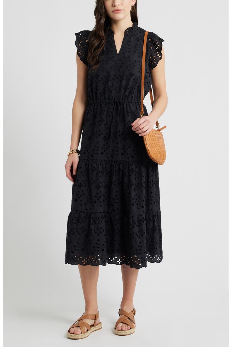 Ruffle Flutter Sleeve Cotton Broderie Anglaise Midi Dress, Main, color, BLACK