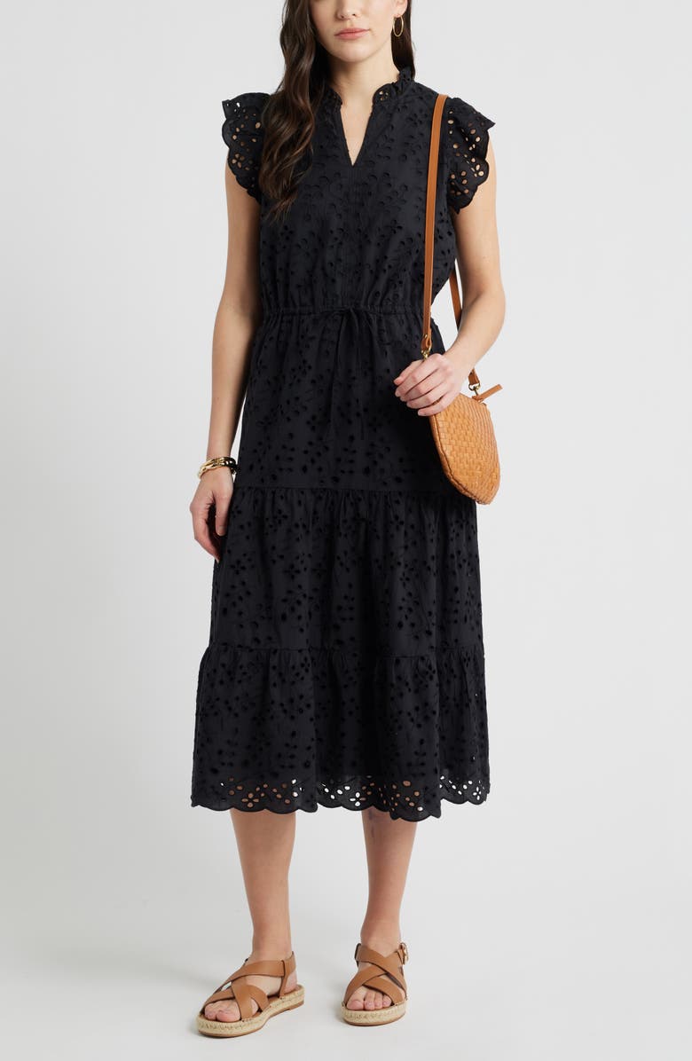 Caslon<sup>®</sup> Ruffle Flutter Sleeve Cotton Broderie Anglaise Midi Dress, Main, color, Black
