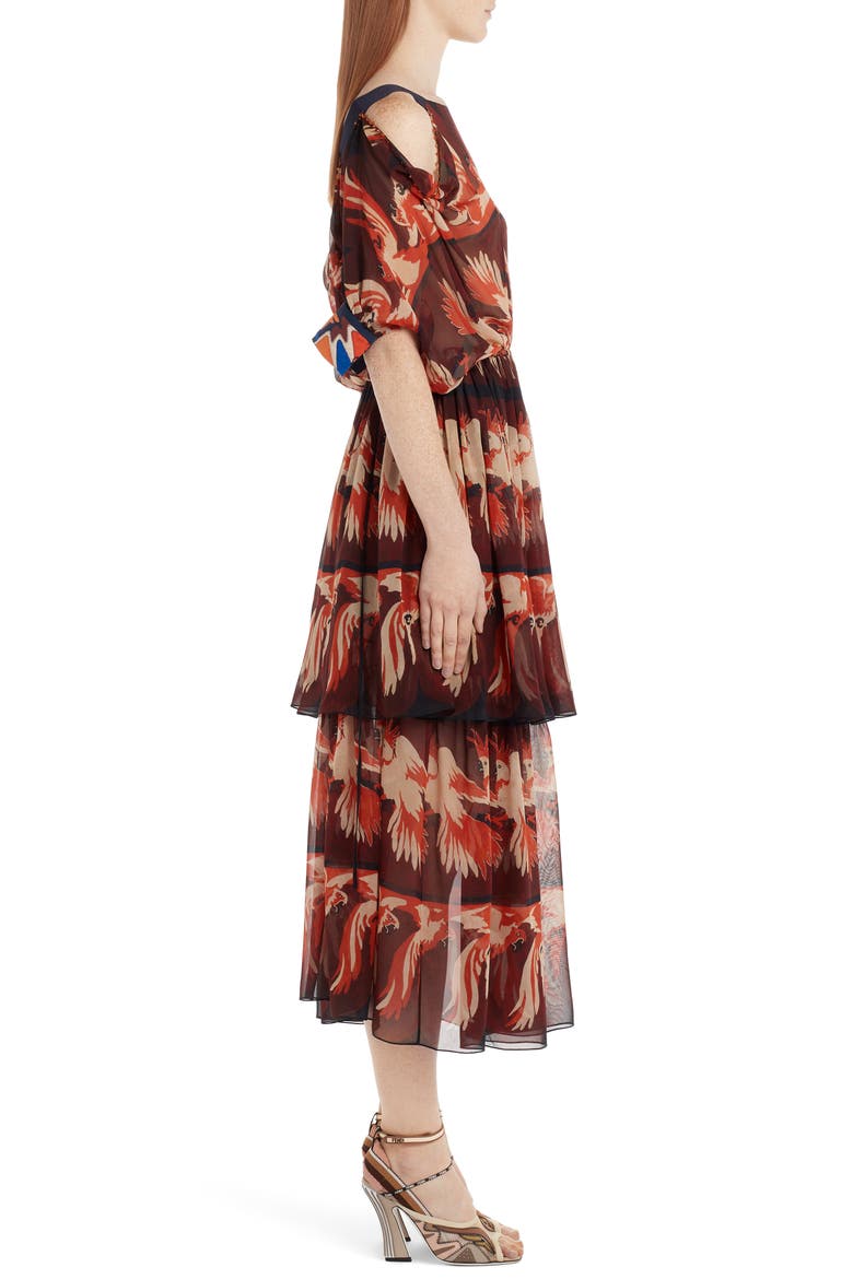 Parakeet Print Cold Shoulder Silk Dress, Alternate, color, ACAI
