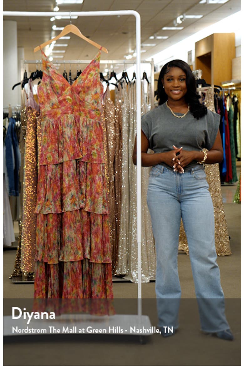 Lorain Abstract Print Metallic Tiered Gown video