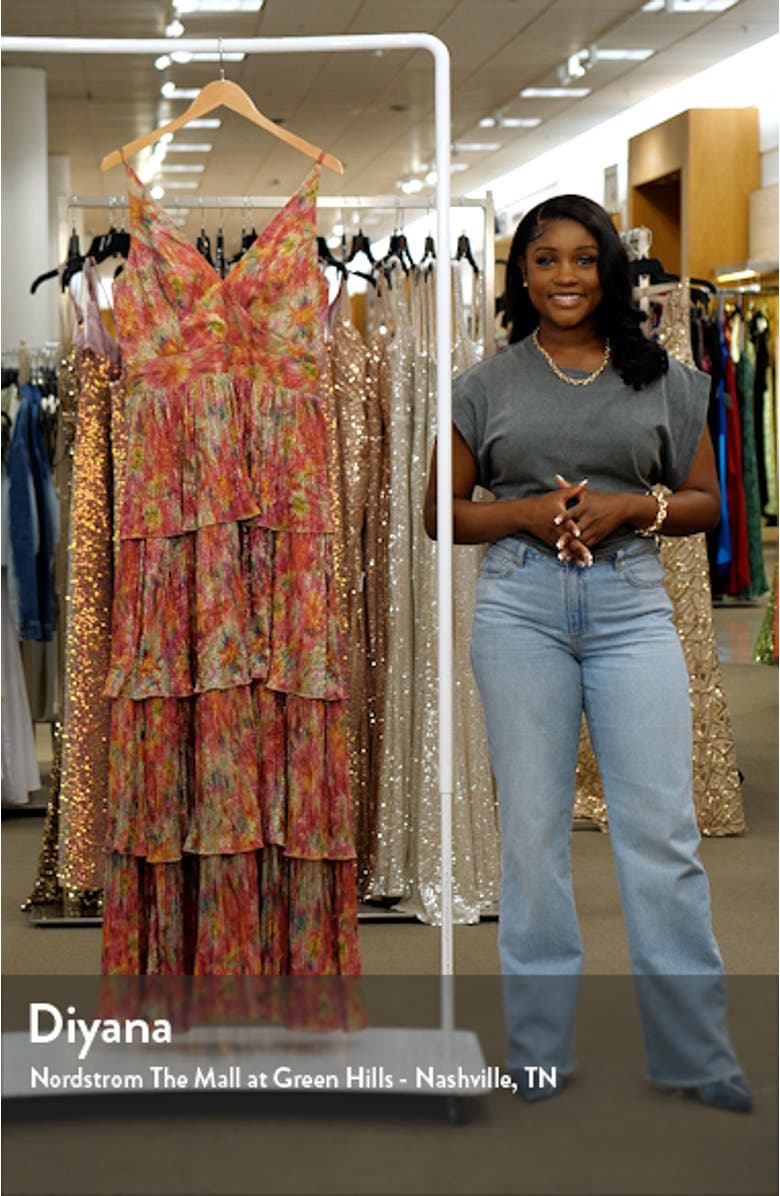 Lorain Abstract Print Metallic Tiered Gown, sales video thumbnail