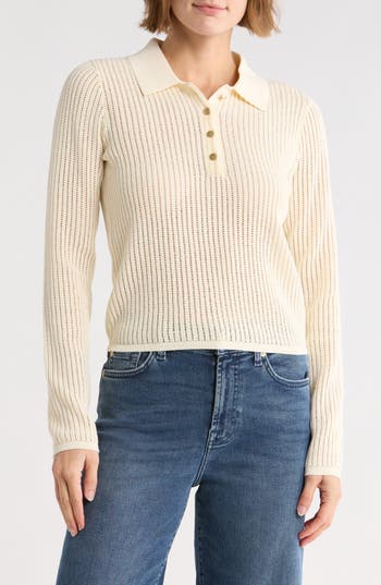 Rag & Bone Vivi Long Sleeve Pointelle Stitch Polo In Gray