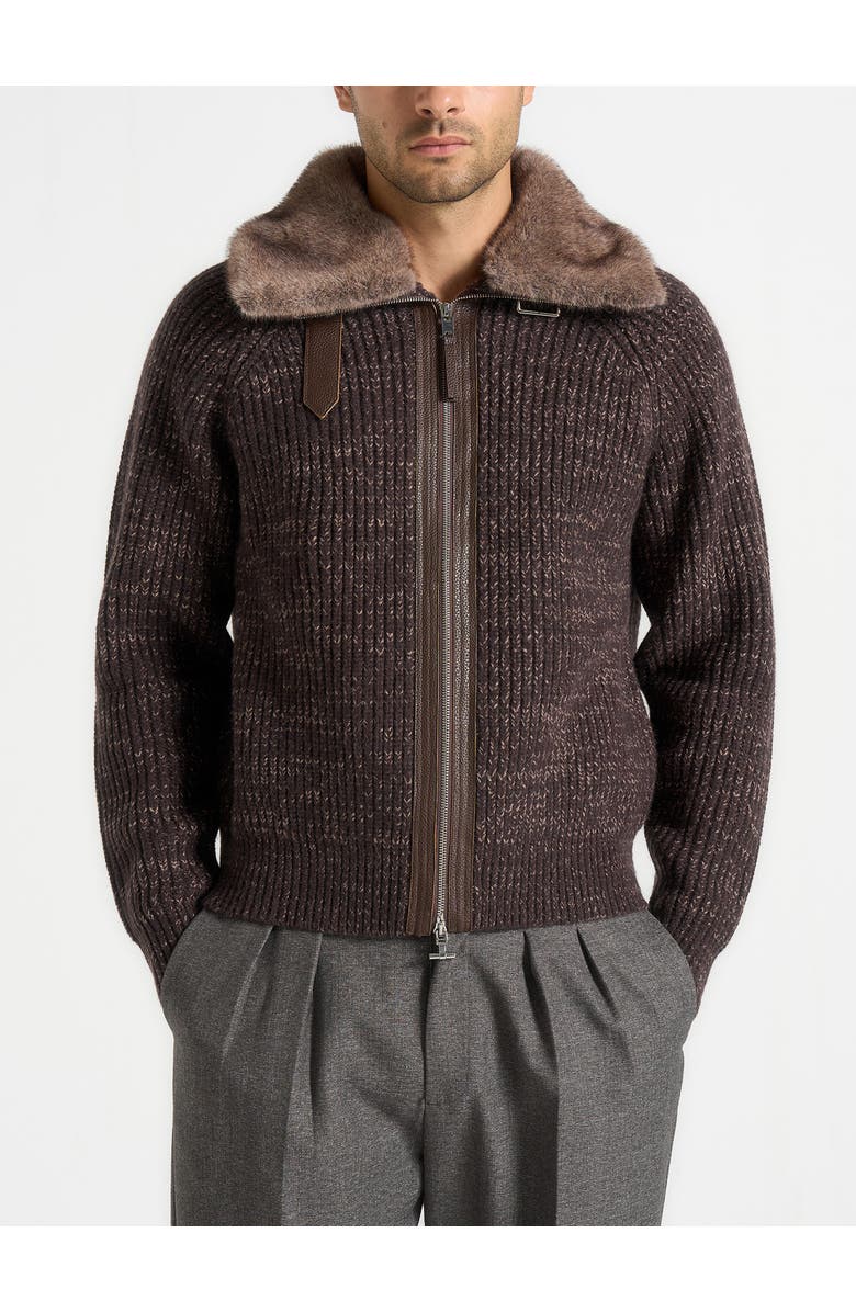 Manière De Voir Ariel Unisex Plush Collar Speckled Knit Jacket, Main, color, Brown