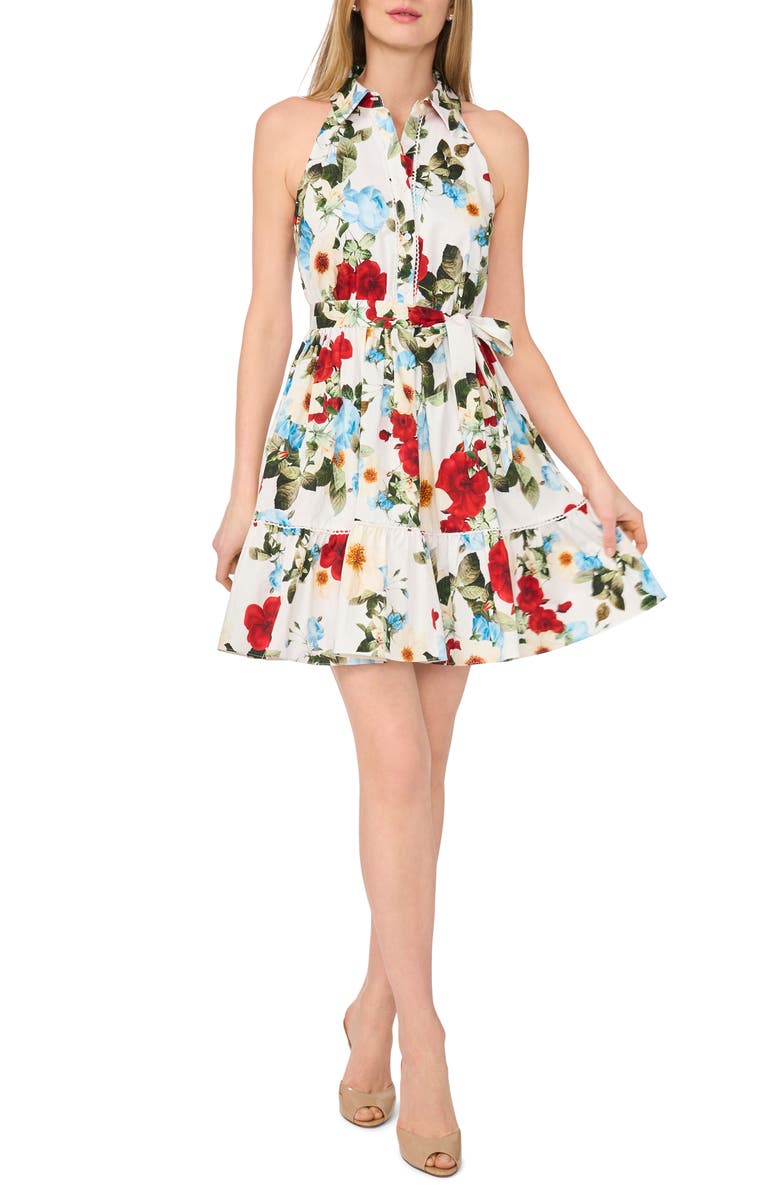 Ted Baker Floral Sleeveless Cotton Fit & Flare Shirtdress, Main, color, Ultra White