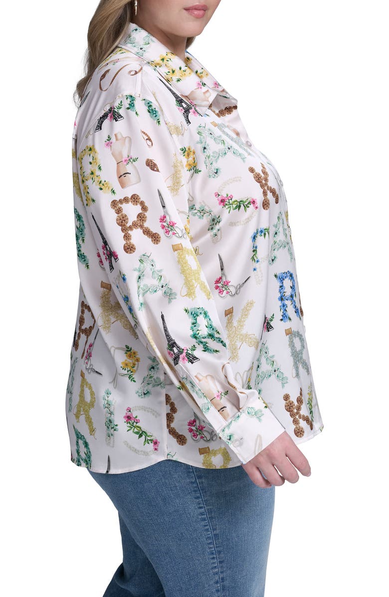 KARL LAGERFELD PARIS Logo Print Satin Button-Up Shirt, Alternate, color, Bisque/ Panna Cotta Multi