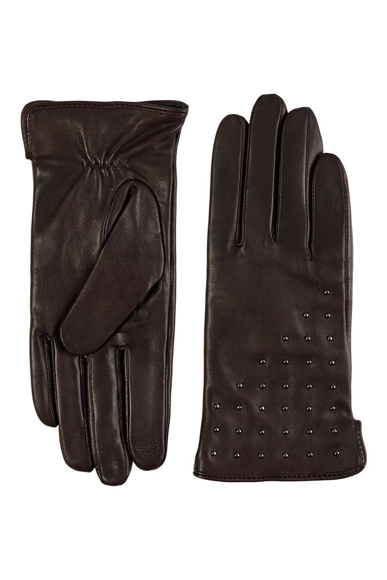 Bias Studded Leather Gloves, Main, color, BROWN