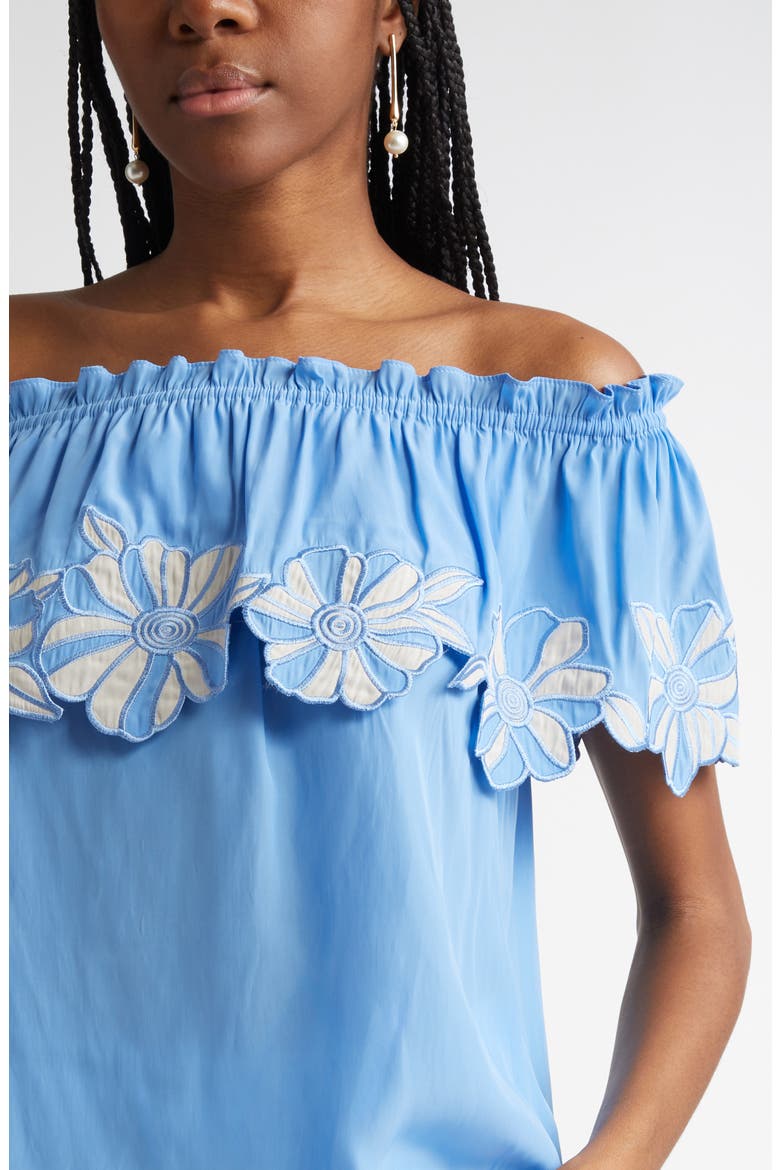 Terri Embroidered Floral Ruffle Off the Shoulder Top, Alternate, color, RIBBON BLUE