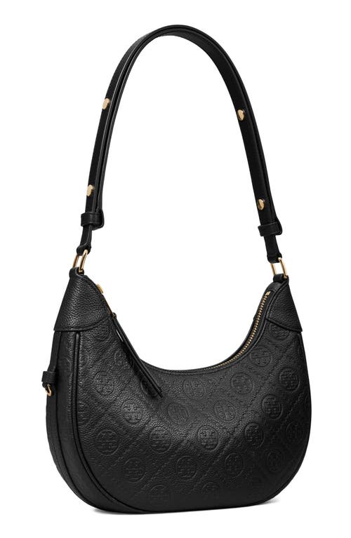 Tory Burch T Monogram Pebble Leather Crescent Shoulder Bag In Black