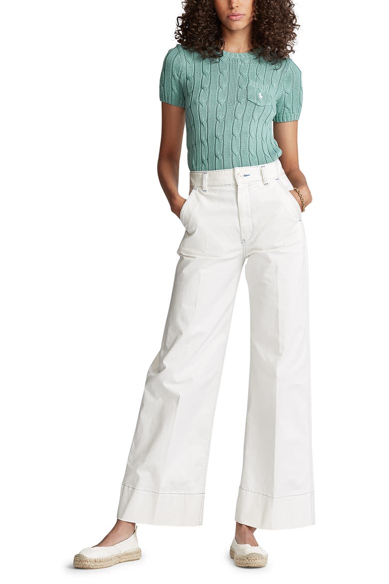 Short Sleeve Cable Sweater, Alternate, color, DEEP SEAFOAM