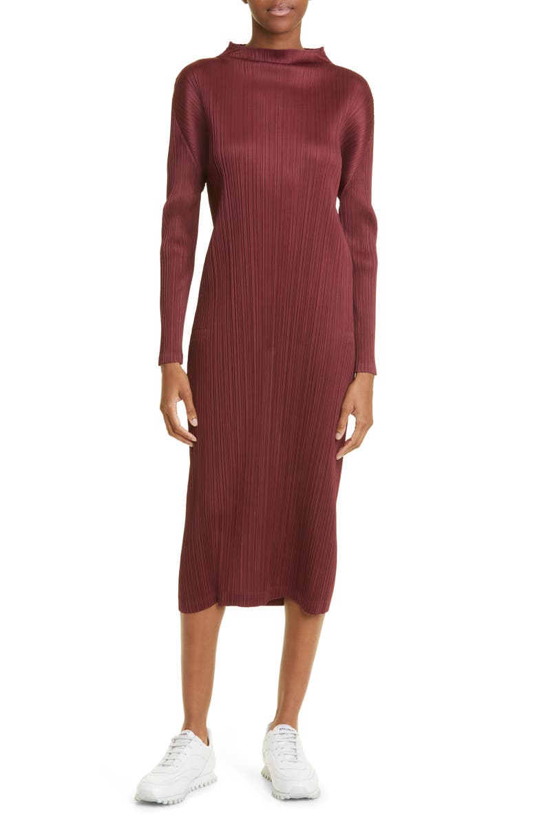 Pleats Please Issey Miyake Monthly Colors October Pleated Long Sleeve Midi Dress, Main, color, 