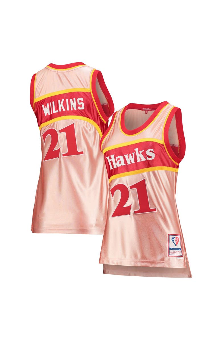 Mitchell & Ness Women's Mitchell & Ness Dominique Wilkins Pink Atlanta Hawks 75th Anniversary Rose Gold 1986 Swingman Jersey, Main, color, 