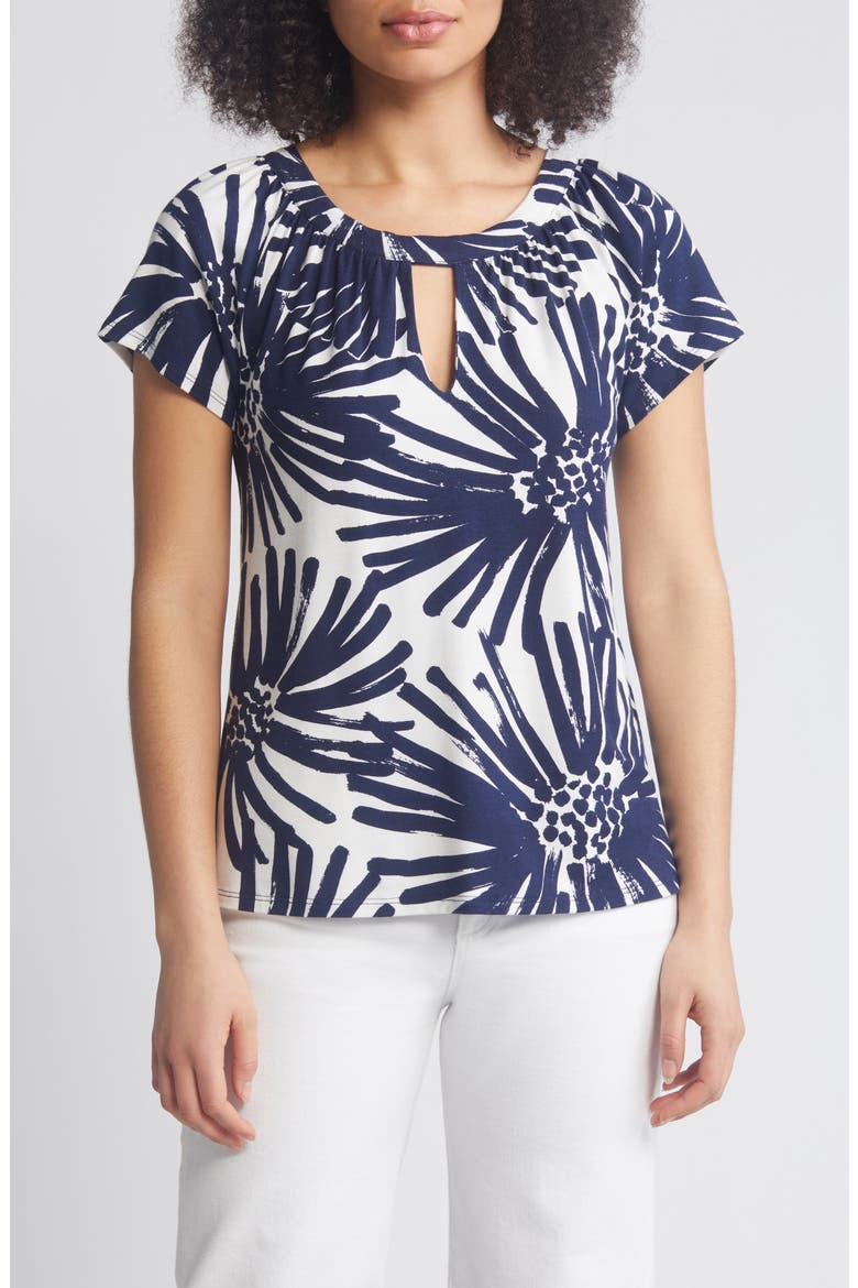 Floral Keyhole Short Sleeve Jersey Top, Main, color, NAVY