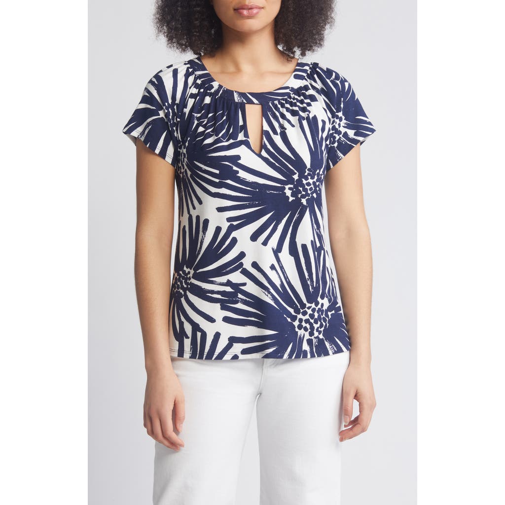 Loveappella Floral Keyhole Short Sleeve Jersey Top In Blue