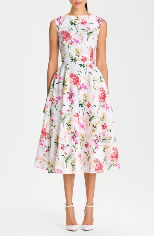 NADINE MERABI Adele Sequin Detail Floral Midi Dress in White at Nordstrom, Size 8
