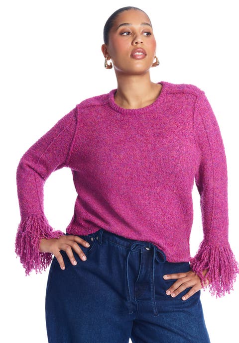 Fringe Trim Boucle Cropped Sweater (plus)