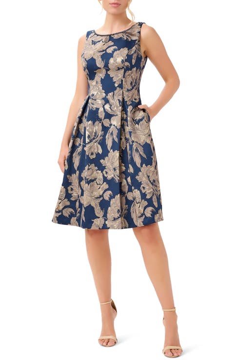 Pleated Metallic Jacquard Fit & Flare Dress