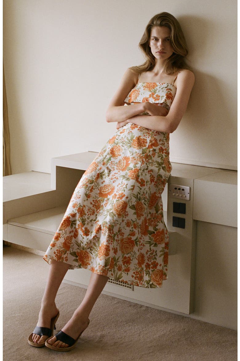 Floral Print Flared Midi Dress, Alternate, color, ORANGE
