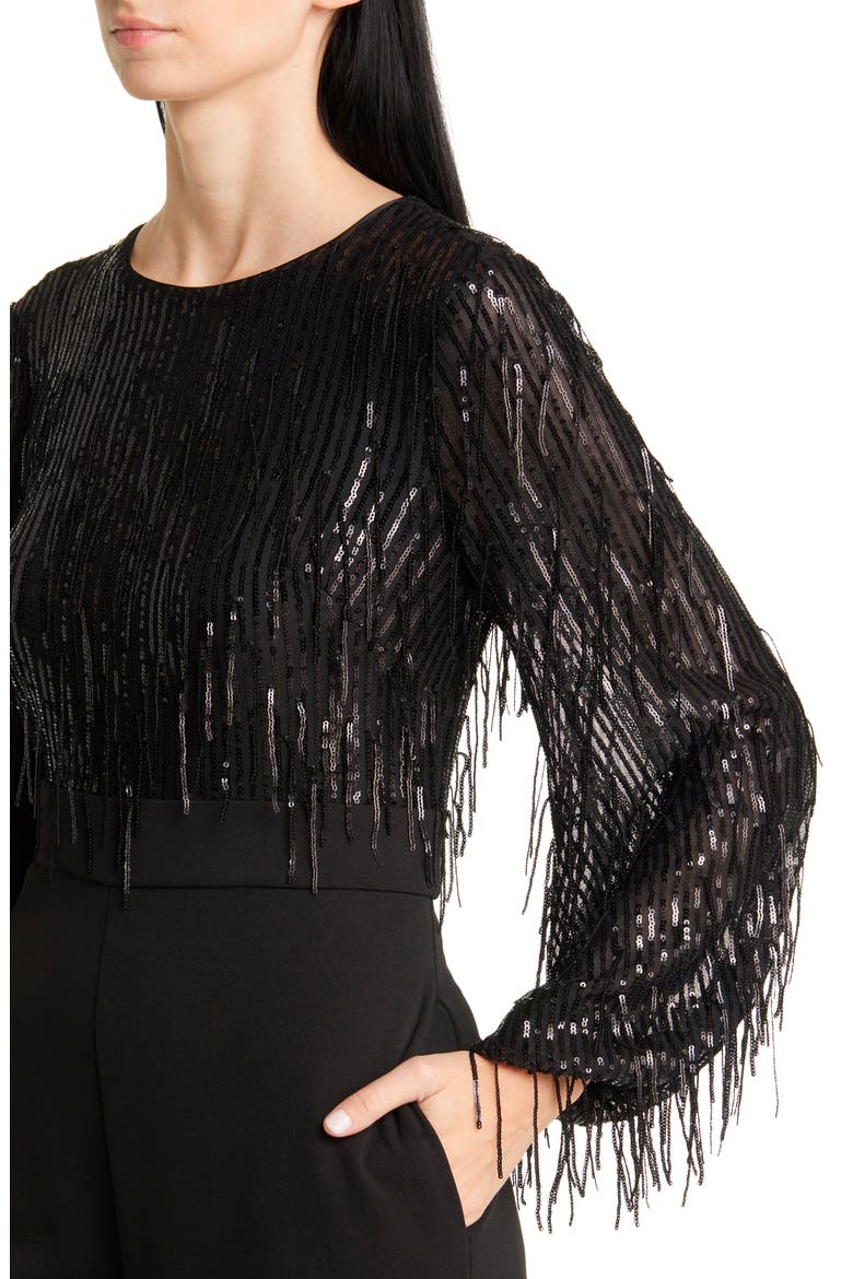 Sequin Fringe Long Sleeve Jumpsuit, Alternate, color, BLACK