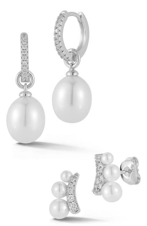 Set of 2 Imitation Pearl & Cubic Zirconia Earrings