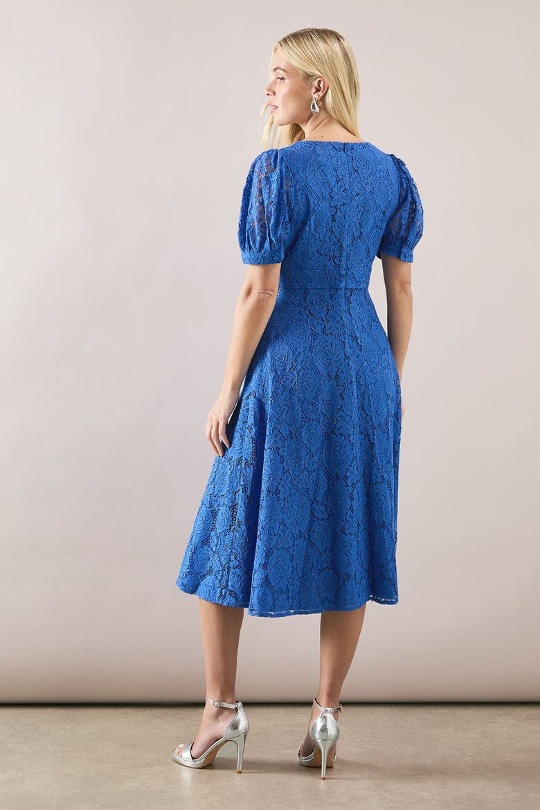 Petite Lace V-Neck Tea Midi Dress, Alternate, color, Blue