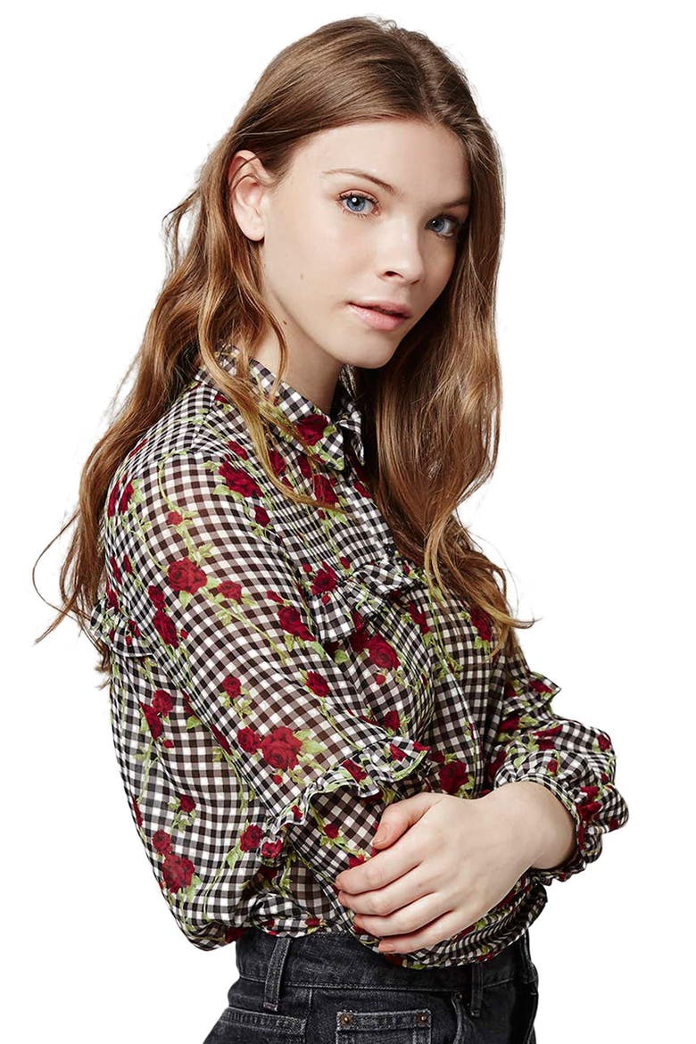 Floral Gingham Ruffled Shirt, Alternate, color, BLACK MULTI