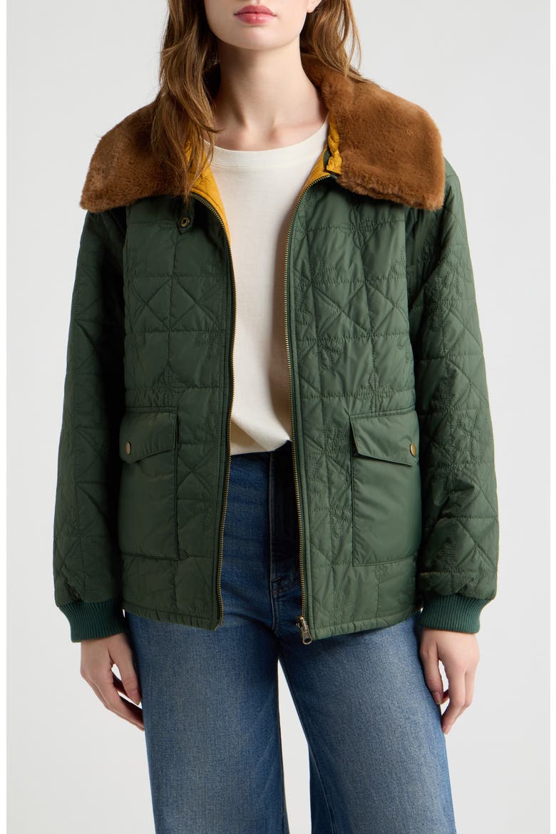 The Reversible Logger Puffer with Faux Fur Collar, Main, color, PINE AND AMBER