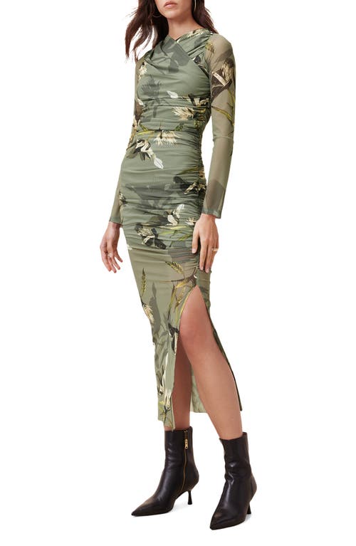 Allsaints Hanako Print Mesh Wrap Maxi Dress In Emerge Olive Green