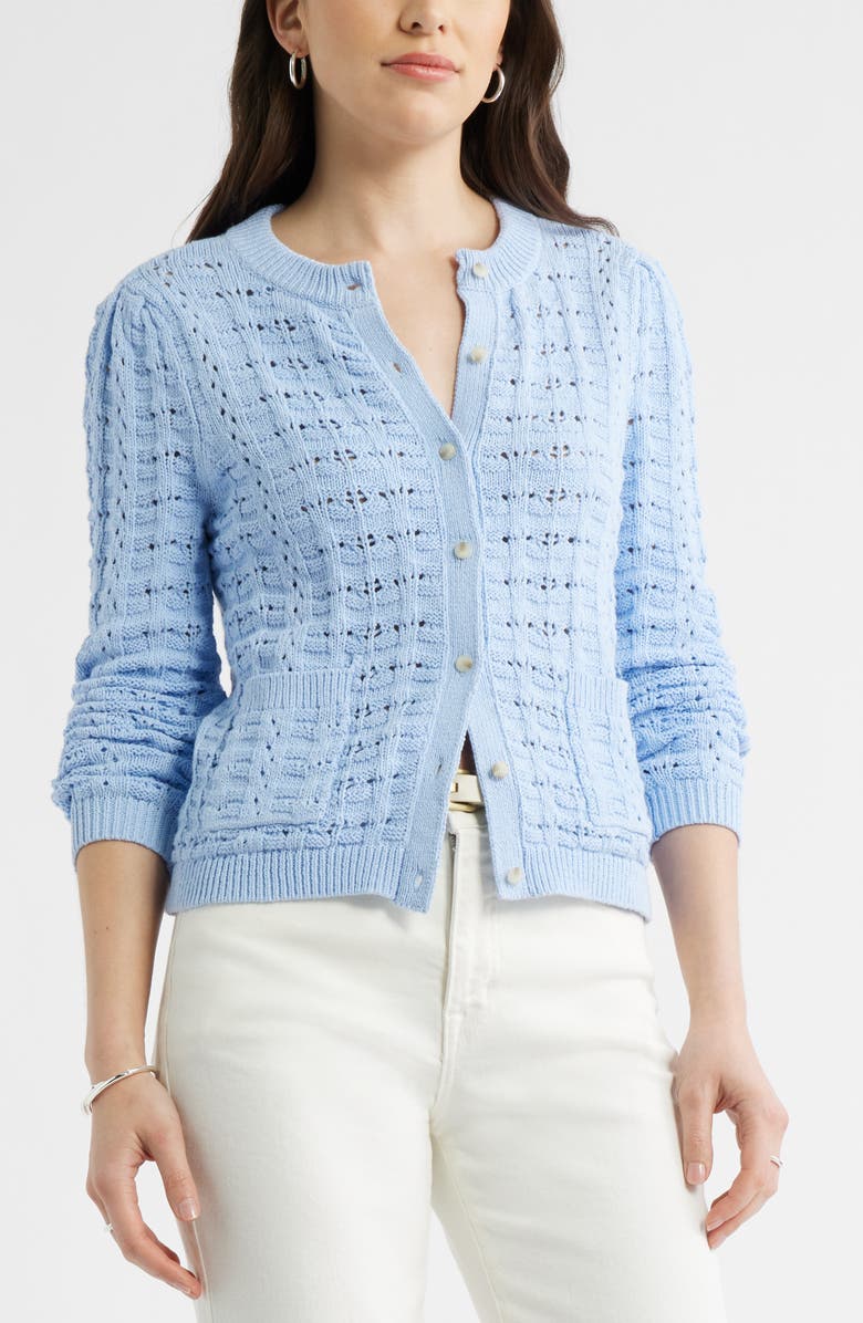 Caslon<sup>®</sup> Pointelle Stitch Cotton Cardigan, Main, color, Blue Windsurfer