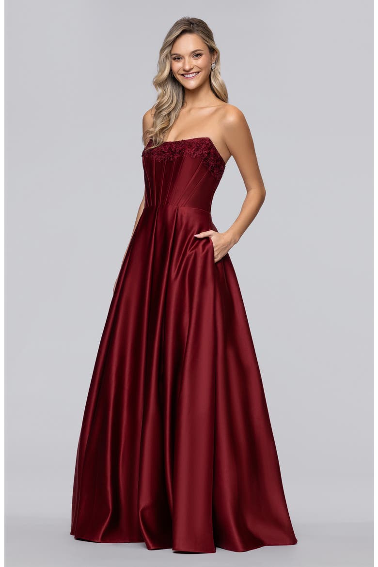 Lam Corset Strapless Satin Gown, Alternate, color, WINE