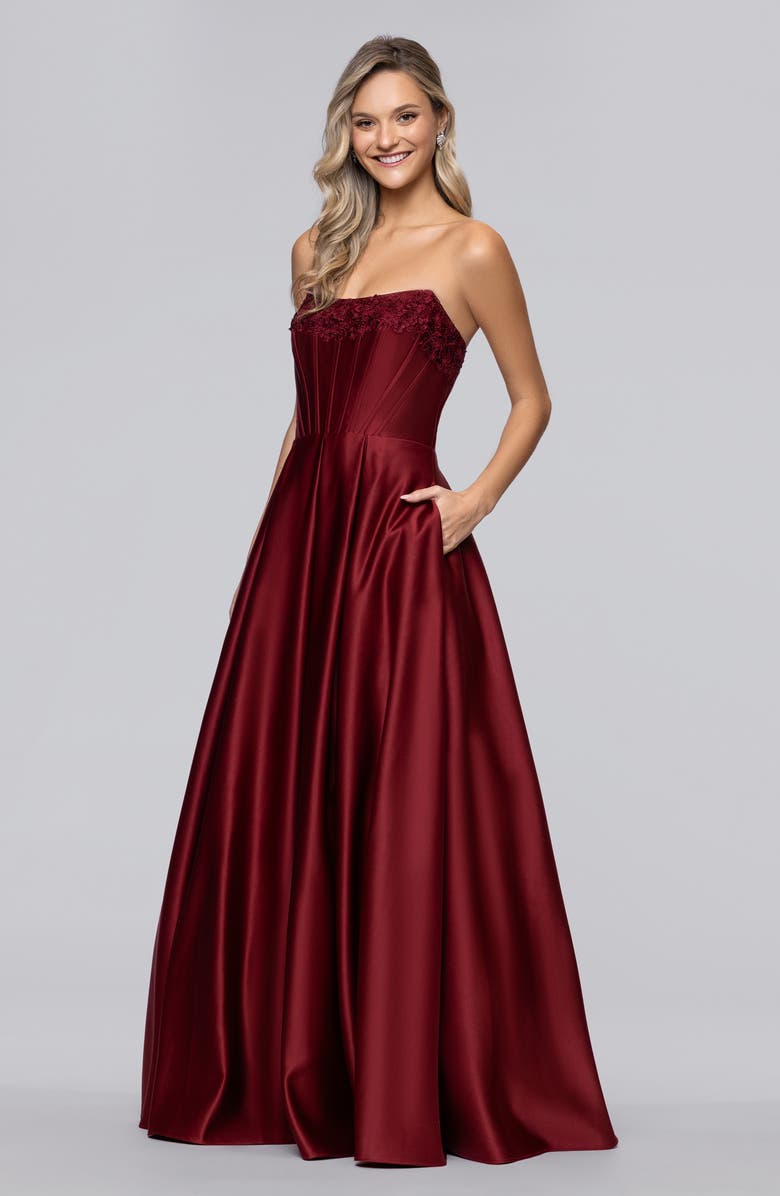 Blondie Nites Lam Corset Strapless Satin Gown, Alternate, color, Wine
