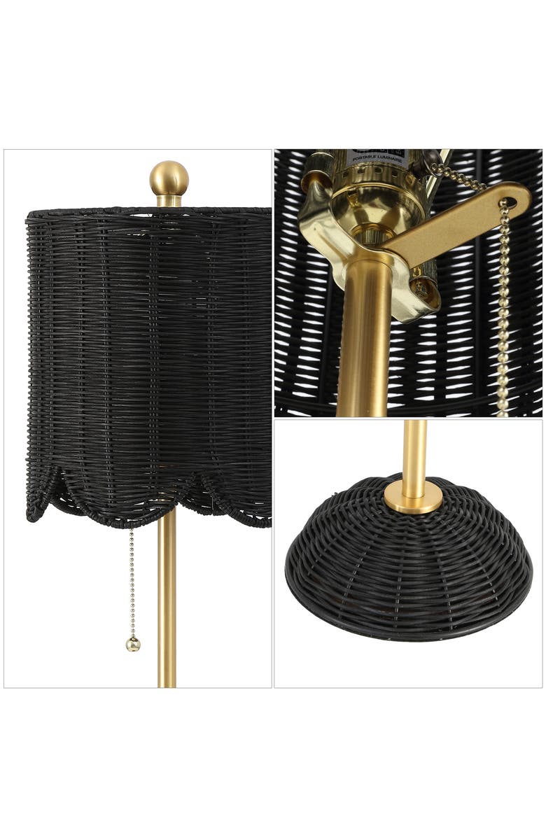 JONATHAN Y Celerie 27.5" Coastal Bohemian Rattan/Iron Scalloped Buffet LED Table Lamp with Pull Chain, Alternate, color, Black/Brass Gold