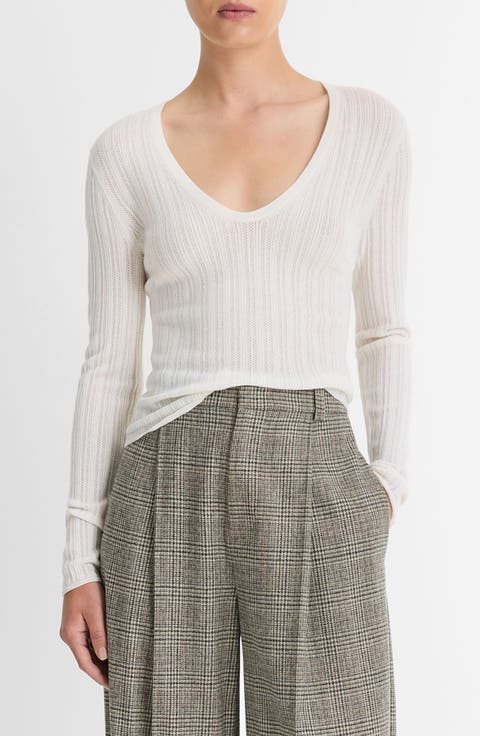 Pointelle Wool-Blend V-Neck Top