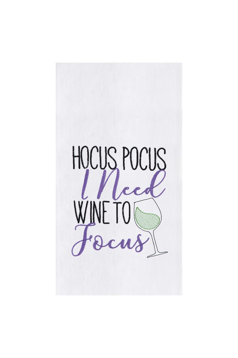 Hocus Pocus I Need Wine to Focus Halloween Embroidered Flour Sack Cotton Kitchen Towel, Main, color, White